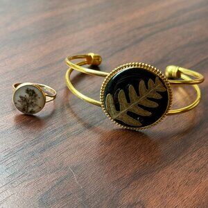 Resin Leaf and Flower Gold Tone Bracelet and Ring